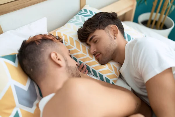 Two Hispanic Men Couple Lying Bed Sleeping Bedroom — 图库照片