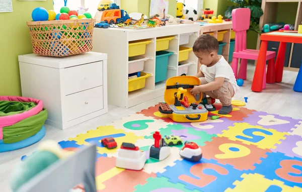 Adorable Hispanic Toddler Playing Tools Toys Kindergarten — Stock Photo, Image
