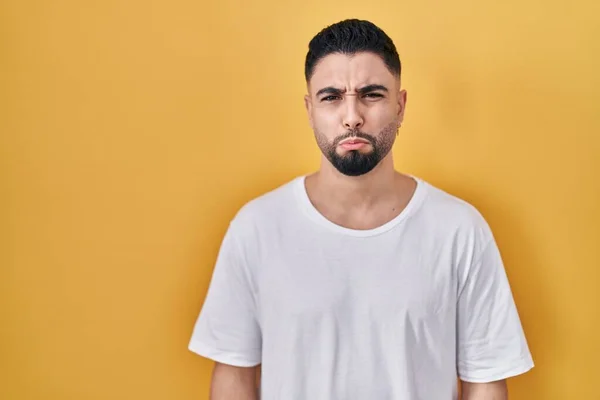 Young Handsome Man Wearing Casual Shirt Yellow Background Depressed Worry — Photo