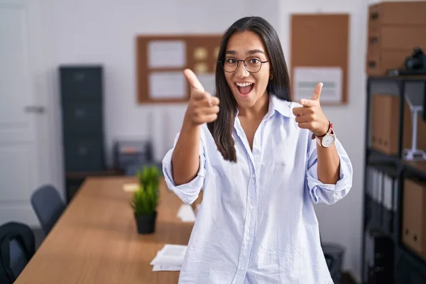 Young Hispanic Woman Office Pointing Fingers Camera Happy Funny Face — Fotografia de Stock