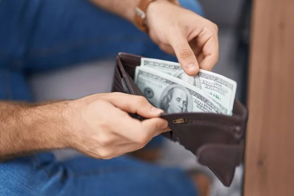 Young Caucasian Man Holding Dollars Wallet Sitting Sofa Street — Stock Photo, Image