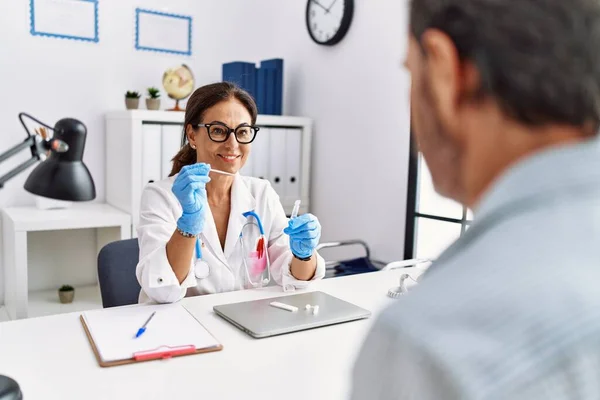 Middle Age Man Woman Wearing Doctor Uniform Holding Covid Test — Stock Photo, Image