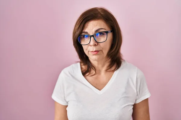 Middle Age Hispanic Woman Standing Pink Background Depressed Worry Distress — Stock Photo, Image