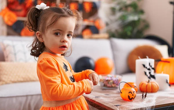 Adorable Hispanic Toddler Having Halloween Party Standing Home — Fotografia de Stock
