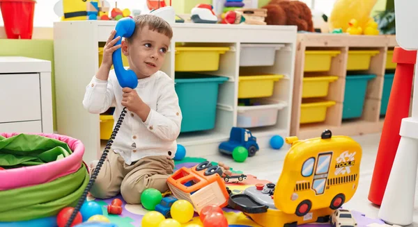 Adorable Caucasian Boy Playing Telephone Toy Sitting Floor Kindergarten — Stock Photo, Image