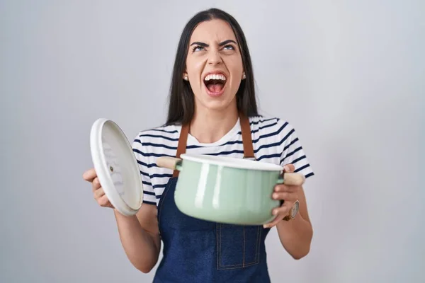 Young Brunette Woman Wearing Apron Holding Cooking Pot Angry Mad — Stockfoto