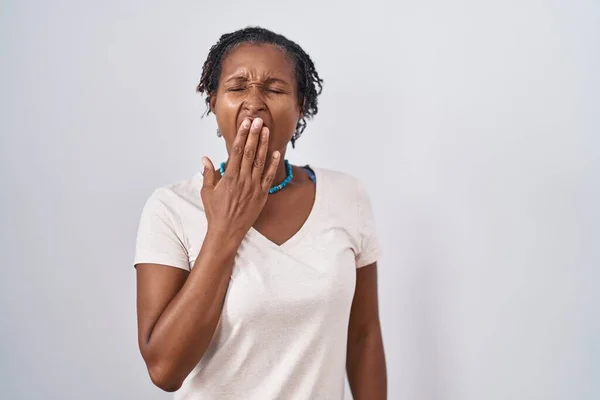 African Woman Dreadlocks Standing White Background Bored Yawning Tired Covering — Stockfoto