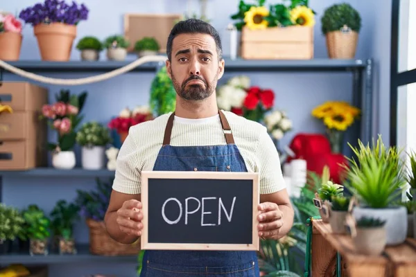 Hispanic Man Beard Working Florist Holding Open Sign Depressed Worry — Stockfoto