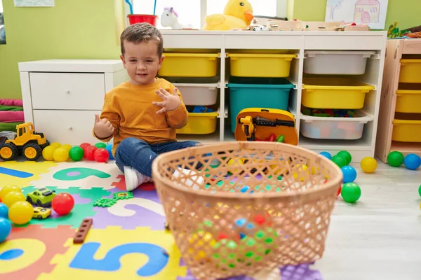 Adorable Caucasian Boy Smiling Confident Playing Balls Kindergarten — ストック写真