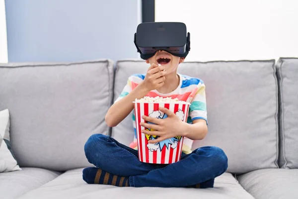 Blond Child Watching Movie Virtual Reality Glasses Home — Stock Photo, Image