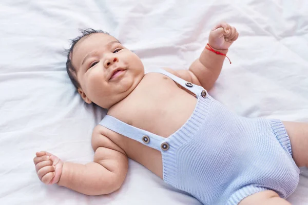 Adorable Hispanic Toddler Smiling Confident Lying Bed Bedroom — Stok fotoğraf