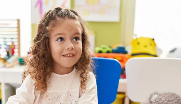 Adorable Blonde Toddler Smiling Confident Sitting Chair Kindergarten — Stock Photo, Image