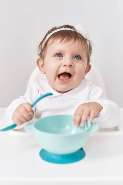 Adorable Blonde Baby Smiling Confident Sitting Highchair Isolated White Background — Stock Photo, Image