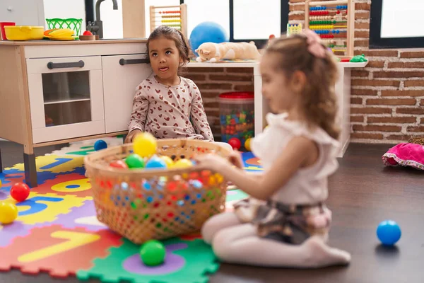 Two Kids Playing Balls Sitting Floor Kindergarten — Stockfoto