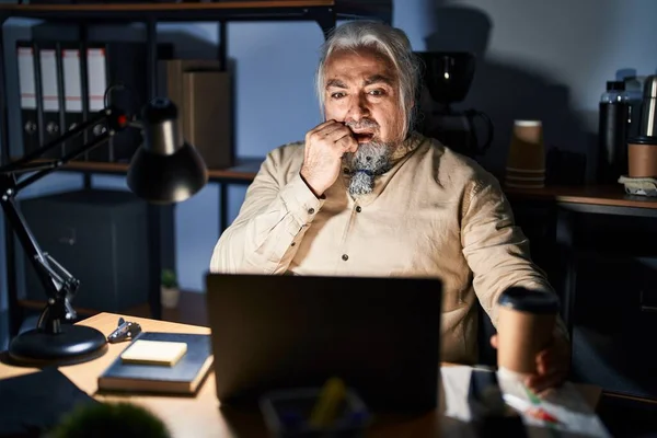 Middle Age Man Grey Hair Working Office Night Looking Stressed — Stok fotoğraf