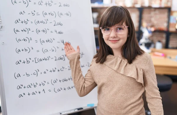 Adorable Hispanic Girl Student Smiling Confident Standing Chalkboard Classroom — ストック写真