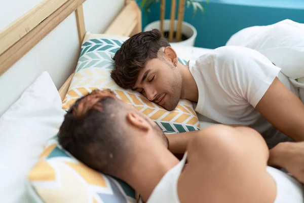 Two Hispanic Men Couple Lying Bed Sleeping Bedroom —  Fotos de Stock