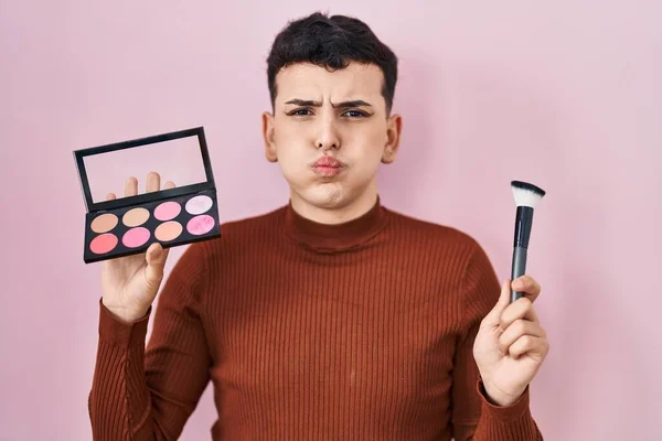 Non Binary Person Holding Makeup Brush Blush Puffing Cheeks Funny — Stock Photo, Image