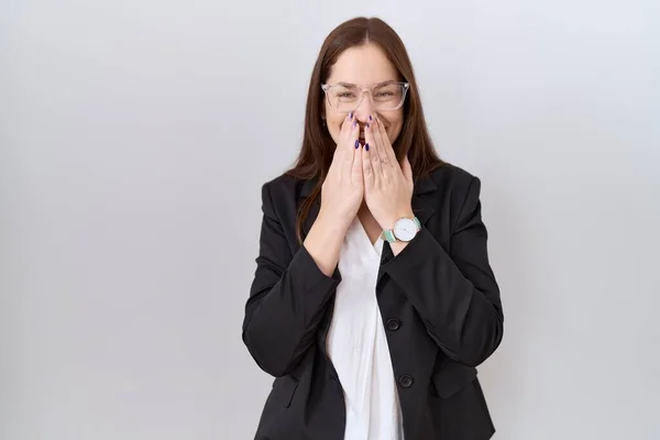 Beautiful Brunette Woman Wearing Business Jacket Glasses Laughing Embarrassed Giggle — Stockfoto