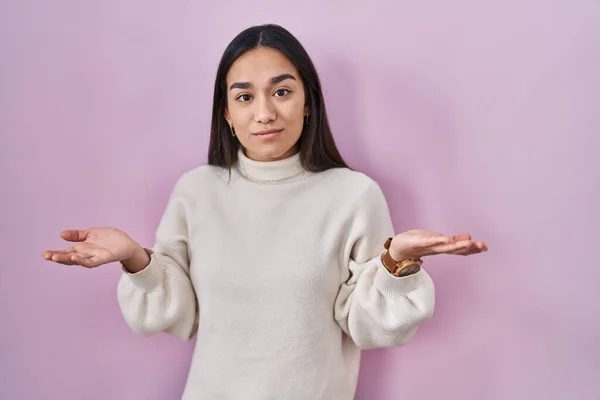 Young South Asian Woman Standing Pink Background Clueless Confused Open — Foto de Stock