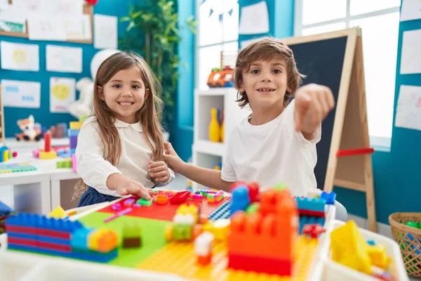 Brother Sister Playing Construction Blocks Sitting Table Kindergarten — Stock Photo, Image