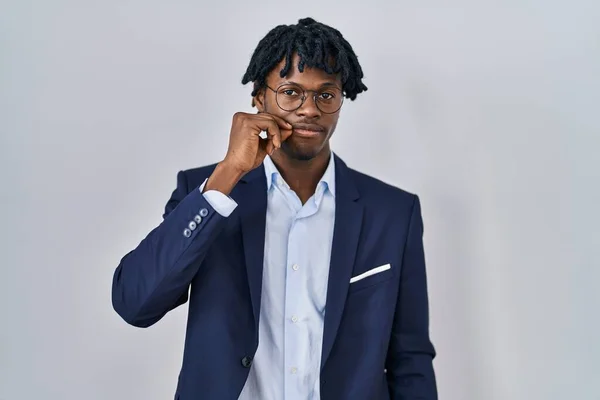 Young African Man Dreadlocks Wearing Business Jacket White Background Mouth — Stok fotoğraf