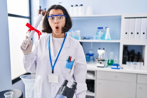 Young Hispanic Woman Working Scientist Laboratory Holding Degree Scared Amazed — Stockfoto