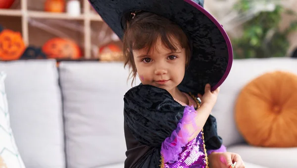 Adorable Hispanic Girl Smiling Confident Wearing Halloween Costume Home — Stok fotoğraf