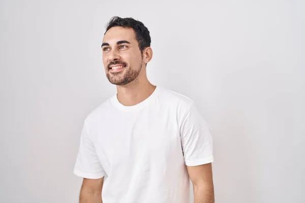 Handsome Hispanic Man Standing White Background Looking Away Side Smile — 图库照片