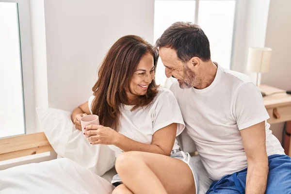 Middle Age Man Woman Couple Drinking Coffee Sitting Bed Bedroom — Φωτογραφία Αρχείου