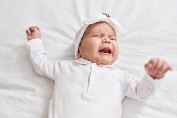 Adorable Hispanic Baby Lying Bed Crying Bedroom — Stock Photo, Image