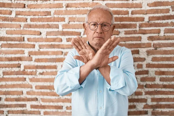 Senior Man Grey Hair Standing Bricks Wall Rejection Expression Crossing — Stock Photo, Image