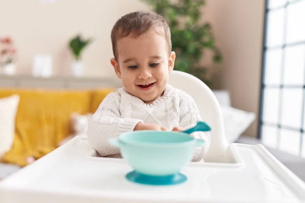 Adorable Hispanic Toddler Smiling Confident Sitting Highchair Home — Stock Photo, Image