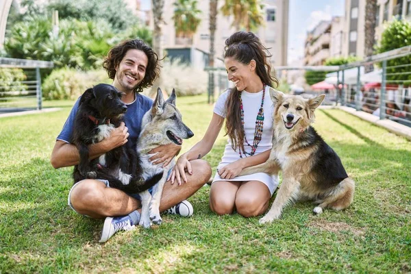 Mann Und Frau Lächeln Selbstbewusst Wenn Sie Mit Hunden Park — Stockfoto