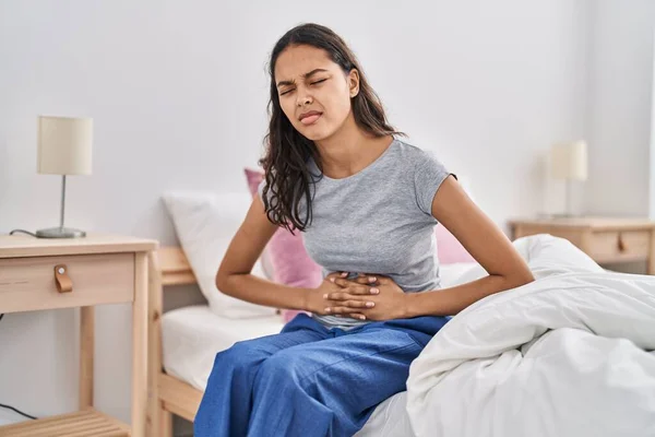 Young African American Woman Suffering Menstrual Pain Sitting Bed Bedroom — Stockfoto