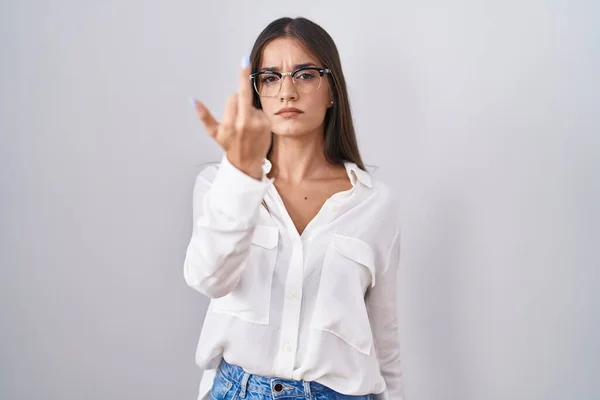 Young Brunette Woman Wearing Glasses Showing Middle Finger Impolite Rude — стоковое фото