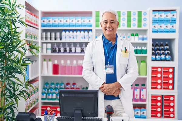 Middle Age Grey Haired Man Pharmacist Smiling Confident Standing Pharmacy — Stockfoto
