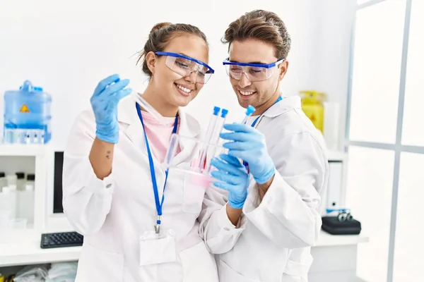 Man Woman Wearing Scientist Uniform Holding Test Tube Laboratory — Stock Photo, Image