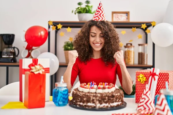 Hispanic Woman Curly Hair Celebrating Birthday Holding Big Chocolate Cake — Foto de Stock