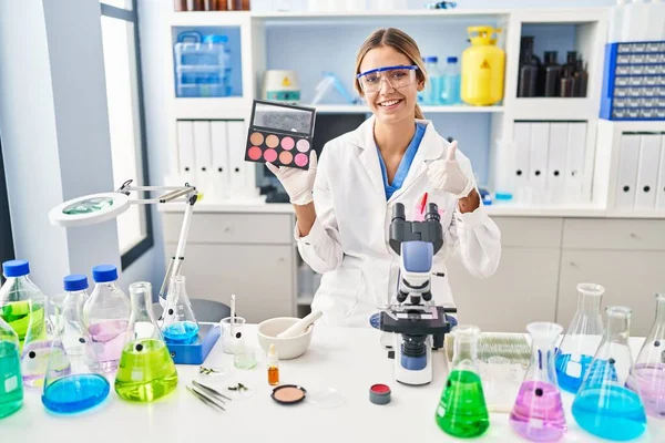 Young Blonde Woman Working Scientist Laboratory Make Smiling Happy Positive — Stock Photo, Image