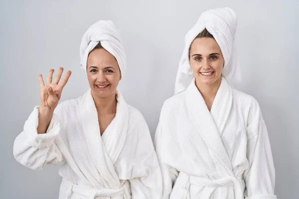 Middle Age Woman Daughter Wearing White Bathrobe Towel Showing Pointing — Photo