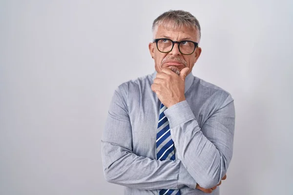 Hispanic Business Man Grey Hair Wearing Glasses Thinking Worried Question — Stockfoto