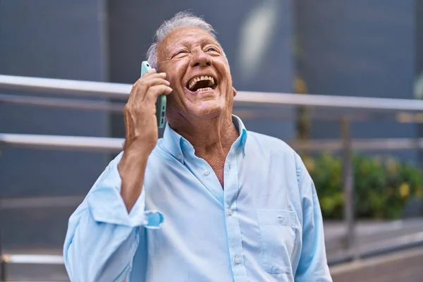 Senior Grey Haired Man Smiling Confident Talking Smartphone Street — Stock Photo, Image