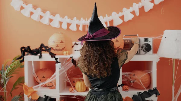Middle Age Hispanic Woman Having Halloween Party Turning Boombox Home — Fotografia de Stock