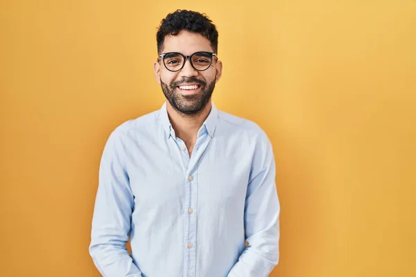 Hispanic Man Beard Standing Yellow Background Happy Cool Smile Face — Stock Photo, Image