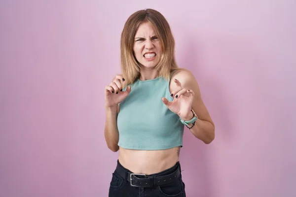 Blonde Caucasian Woman Standing Pink Background Disgusted Expression Displeased Fearful — Foto Stock