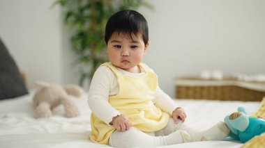 Adorable hispanic baby playing with elephant doll sitting on bed at bedroom