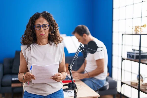 Middle Age Hispanic Woman Singing Music Studio Depressed Worry Distress — Photo