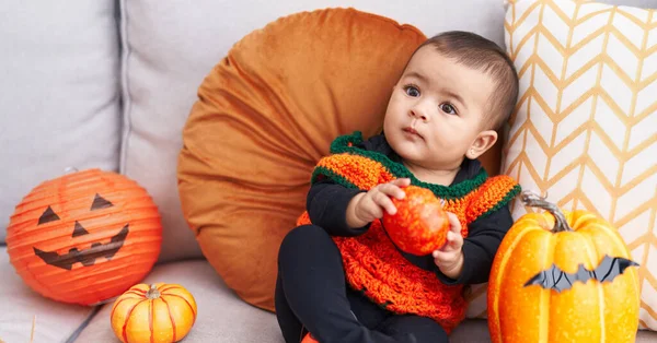Adorable Hispanic Baby Having Halloween Party Holding Pumpkin Home — Fotografia de Stock