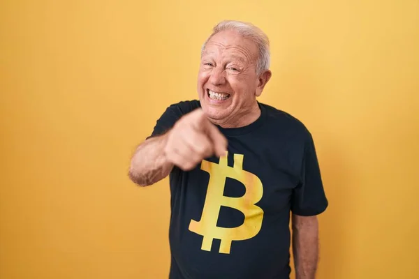 Senior Man Grey Hair Wearing Bitcoin Shirt Pointing Displeased Frustrated —  Fotos de Stock